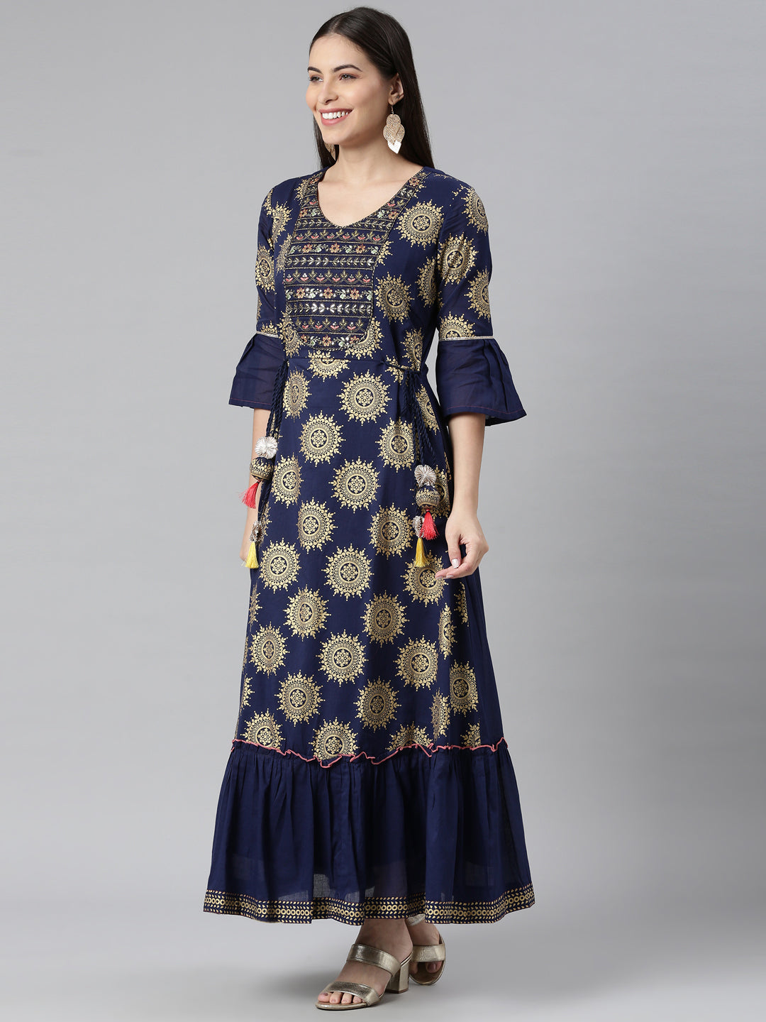 Neerus Blue embellished anarkali kurta flared sleeves - back view