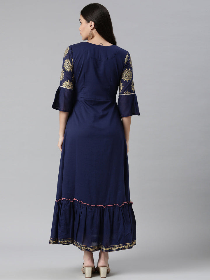 Neerus Blue embellished anarkali kurta flared sleeves - side view