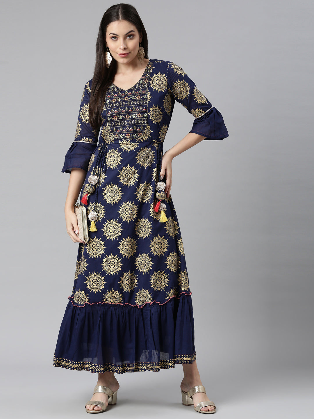 Neerus Blue embellished anarkali kurta flared sleeves - detail view 2