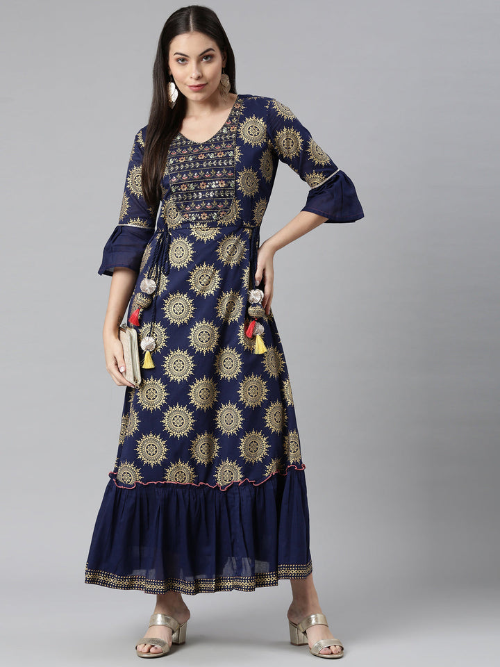 Neerus Blue embellished anarkali kurta flared sleeves - detail view 2