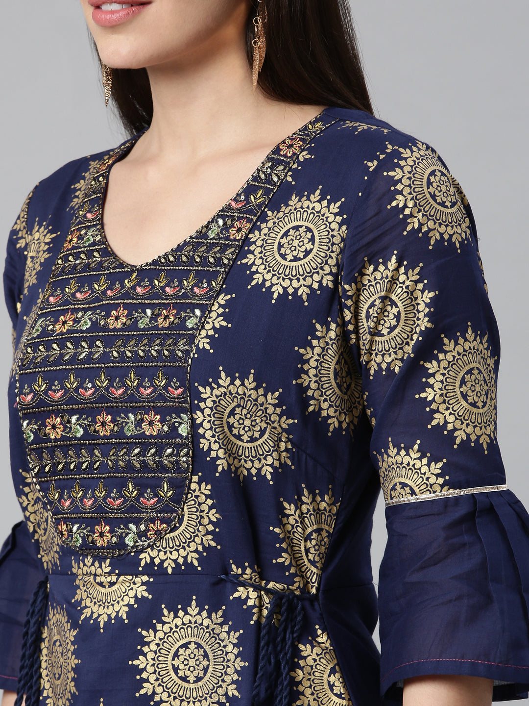 Neerus Blue embellished anarkali kurta flared sleeves - detail view 1