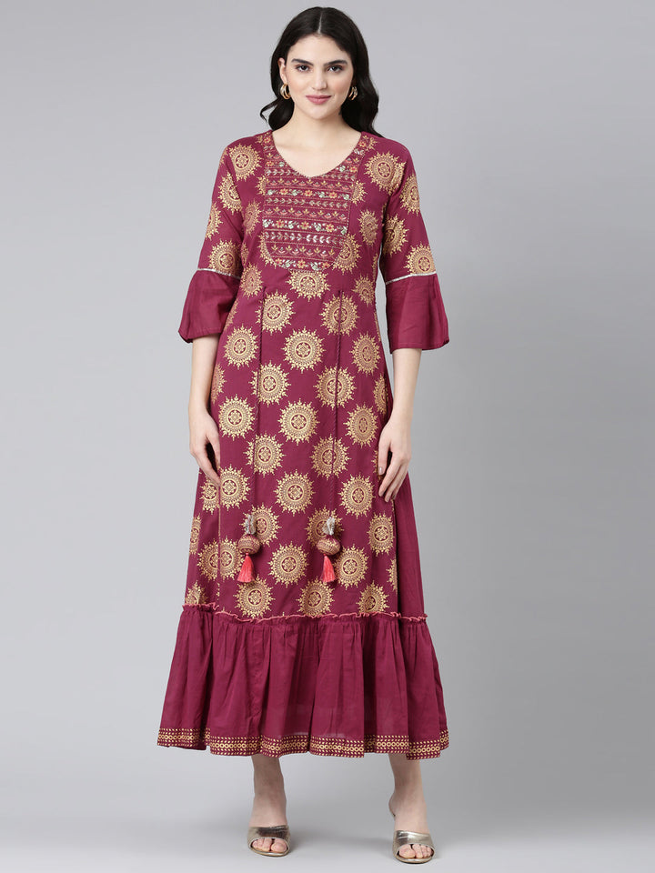 Neerus Maroon Straight Casual Printed Dress