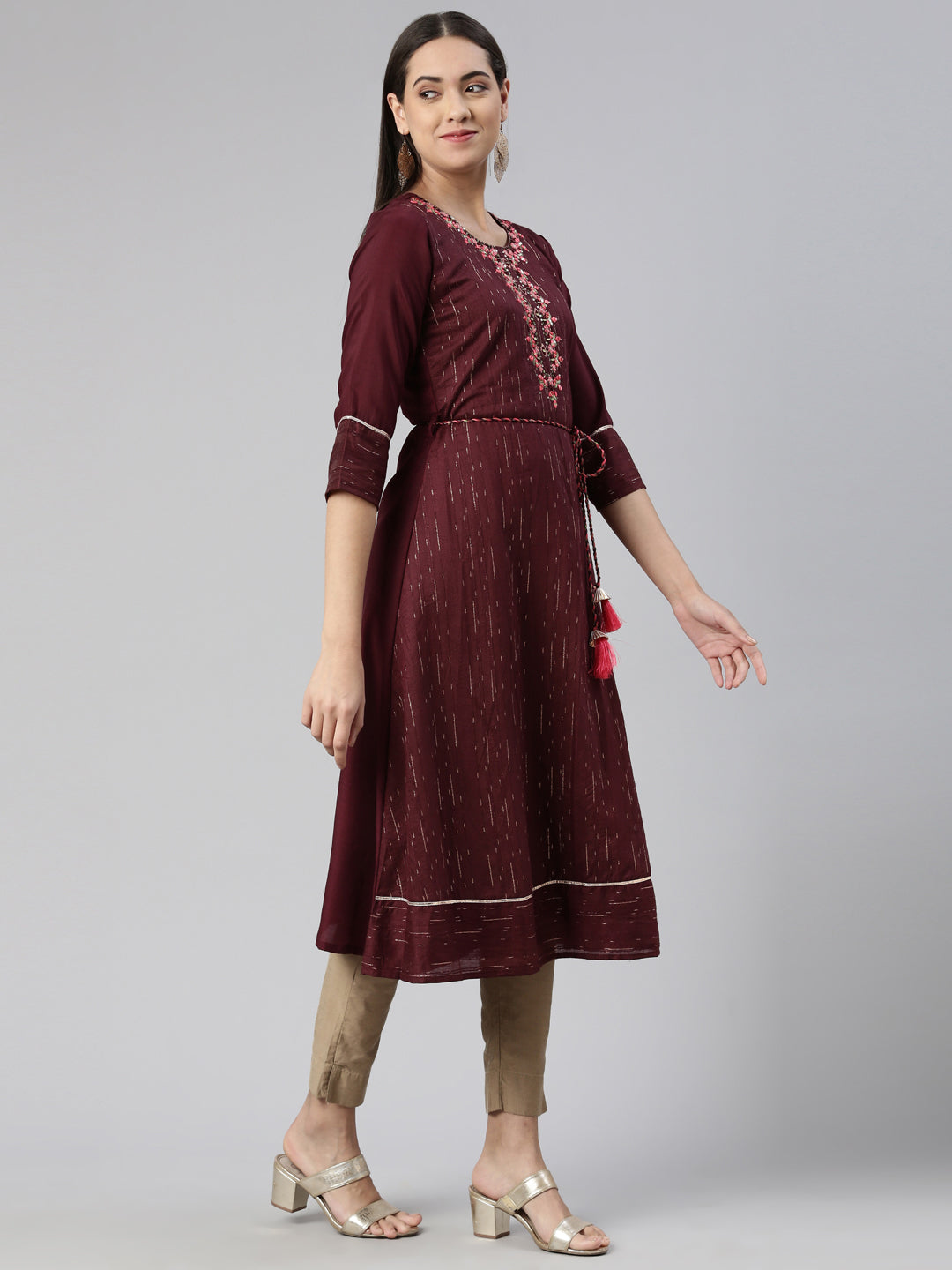 Neerus Maroon cotton mirror work anarkali kurta - back view