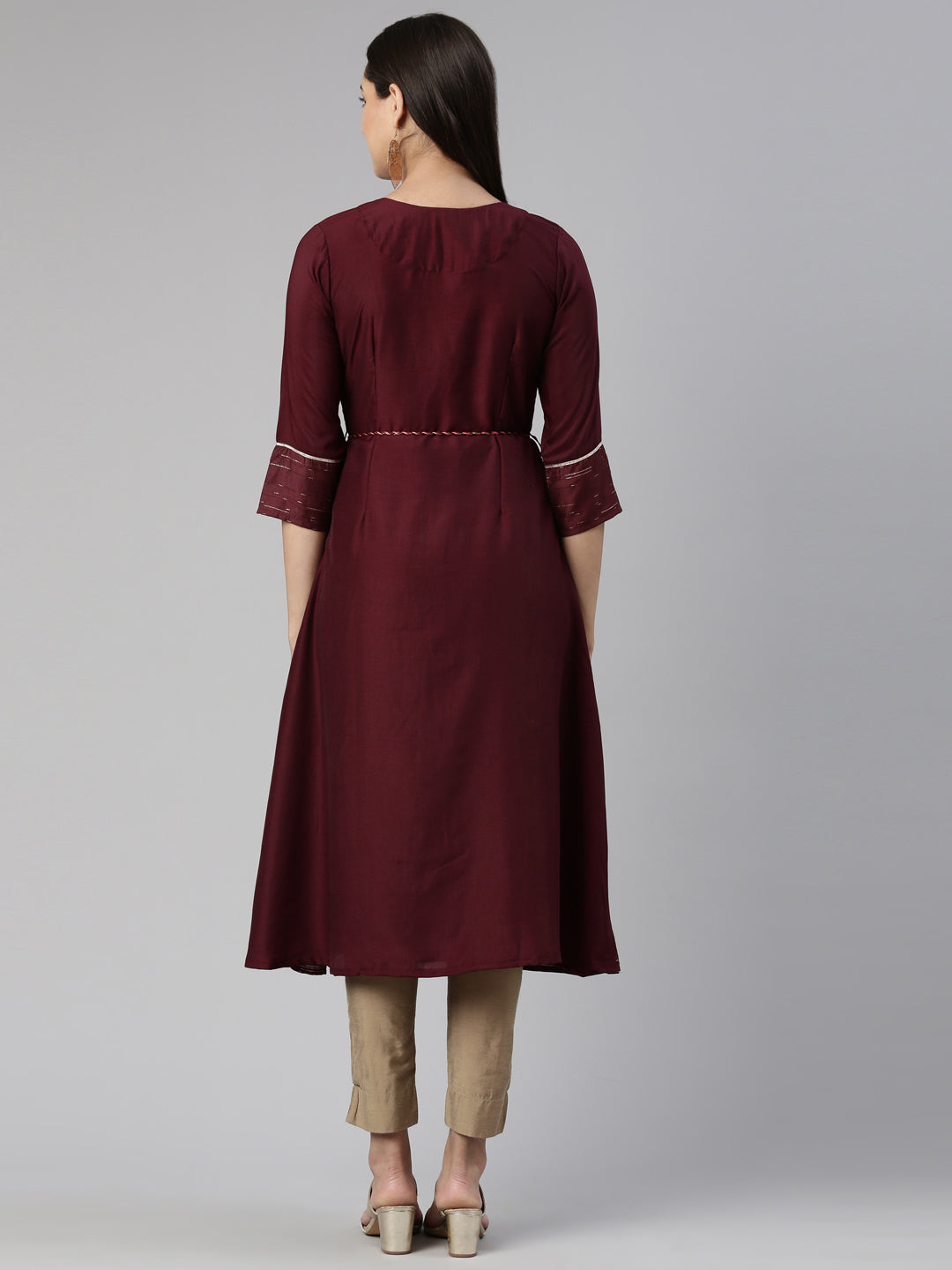 Neerus Maroon cotton mirror work anarkali kurta - side view