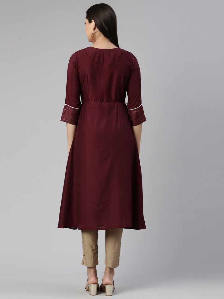 Neerus Maroon cotton mirror work anarkali kurta - side view