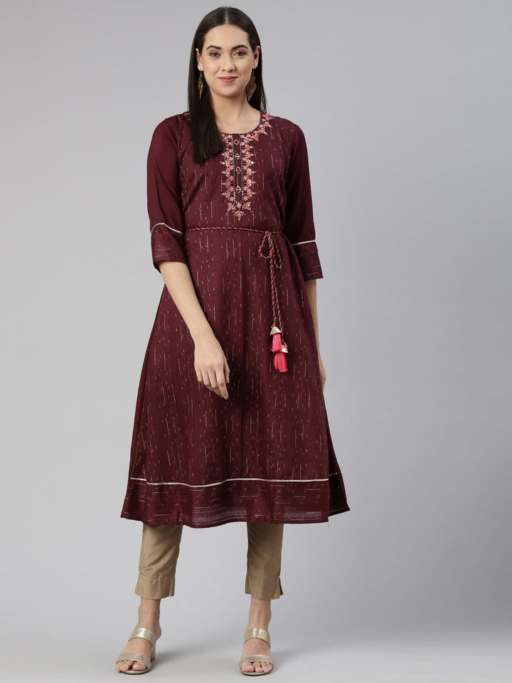 Neerus Maroon cotton mirror work anarkali kurta - front view
