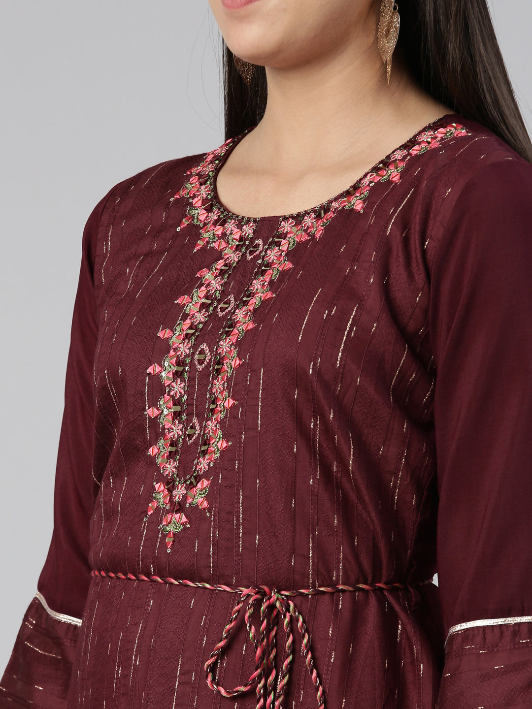 Neerus Maroon cotton mirror work anarkali kurta - detail view 1
