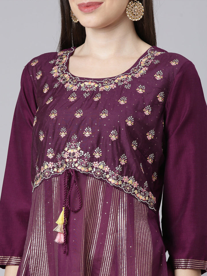 Neerus Burgundy Curved Casual Striped Dresses