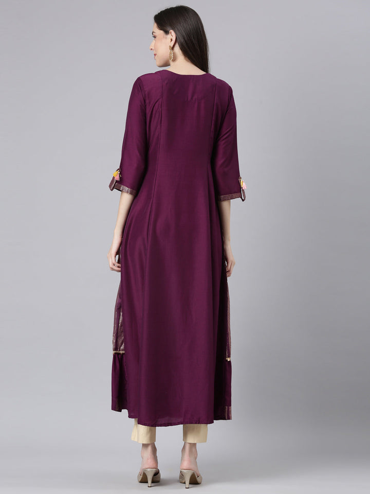 Neerus Burgundy Curved Casual Striped Dresses