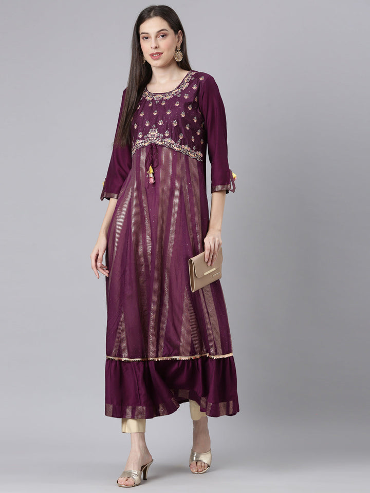 Neerus Burgundy Curved Casual Striped Dresses