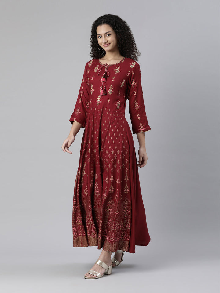 Neerus Maroon Straight Ethnic Printed Dress