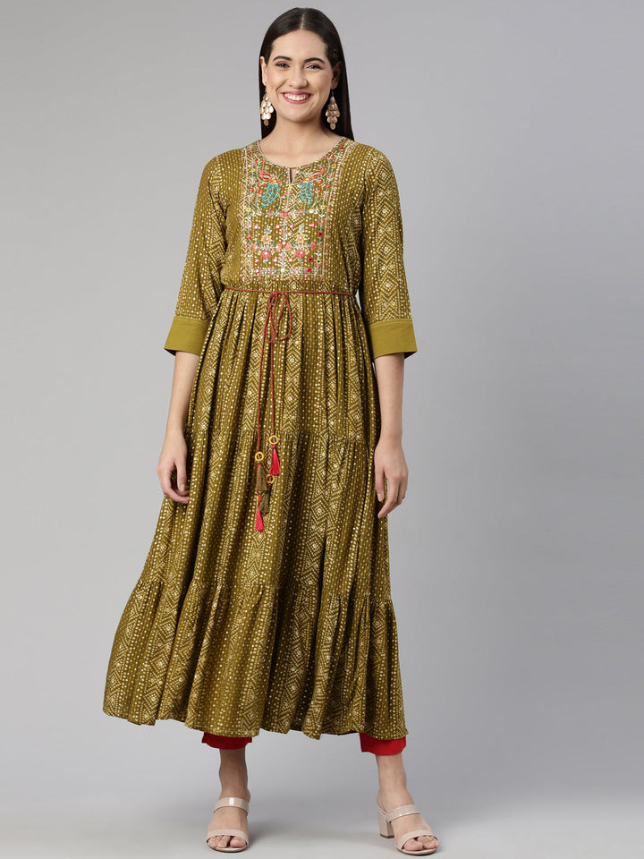 Neerus Multi rayon printed midi dress - front view
