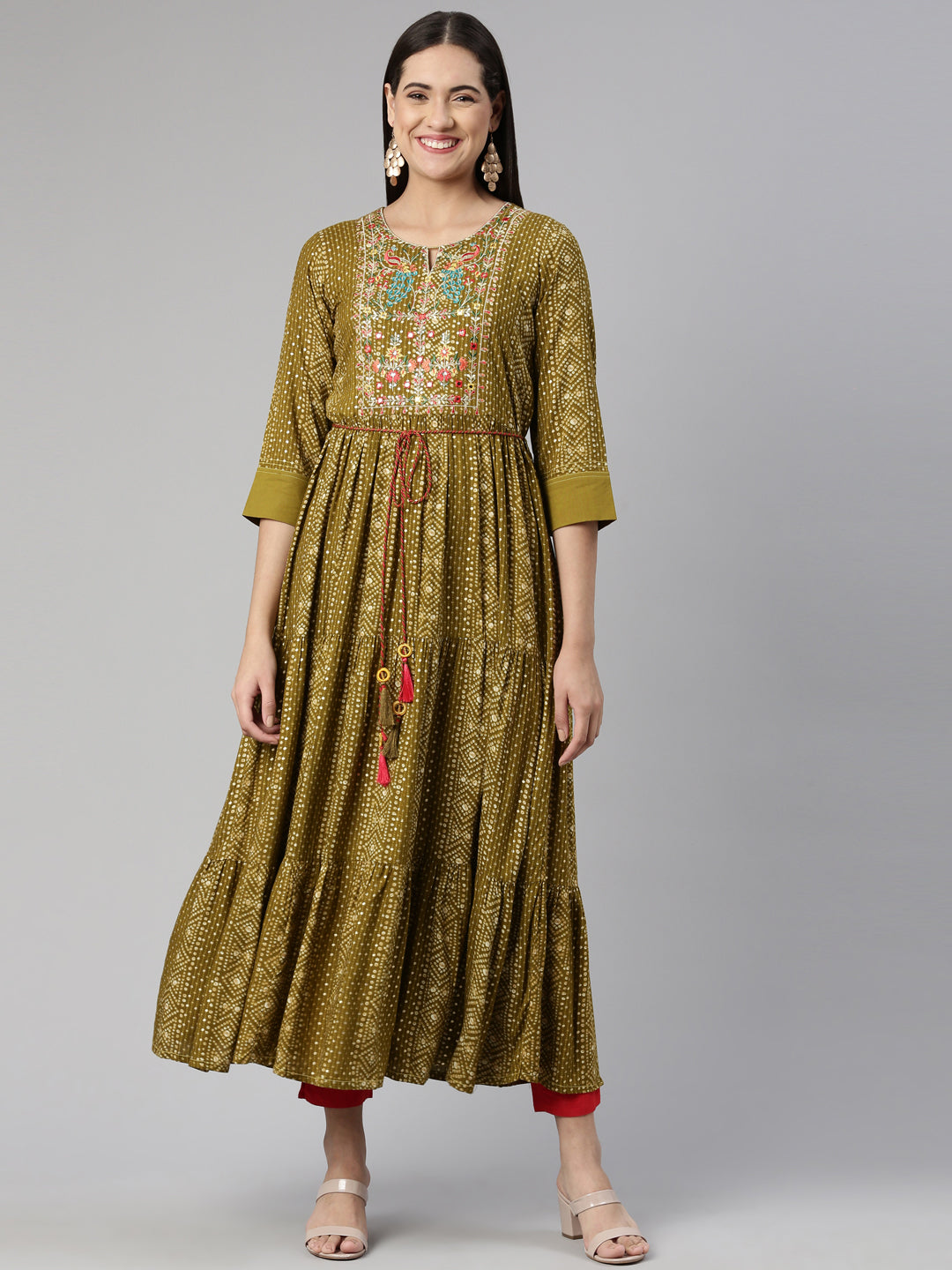 Neerus Multi rayon floral printed midi dress - front view