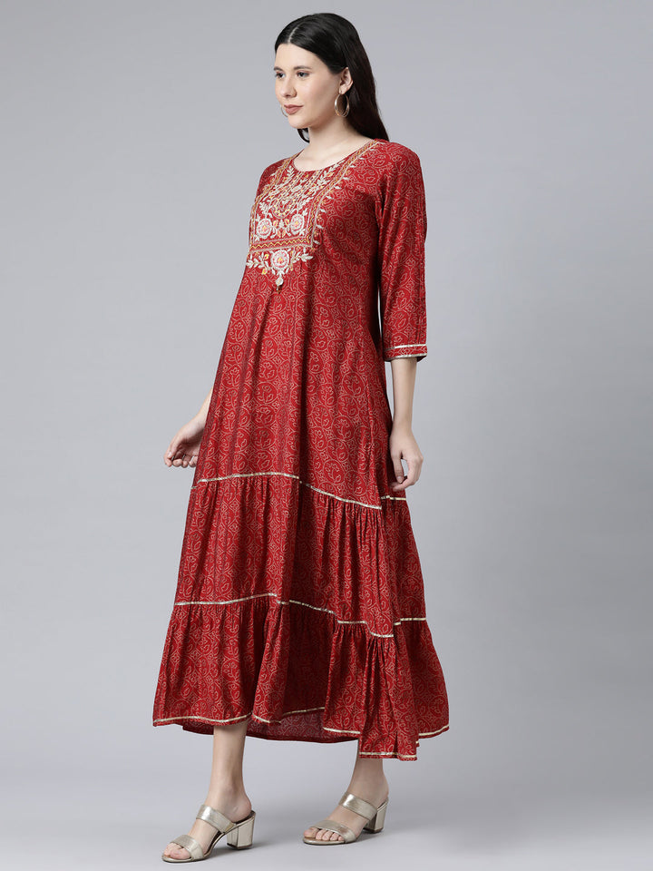 Neerus Maroon Cotton Ethnic Motifs Embroidered Ethnic A-Line Maxi Dress