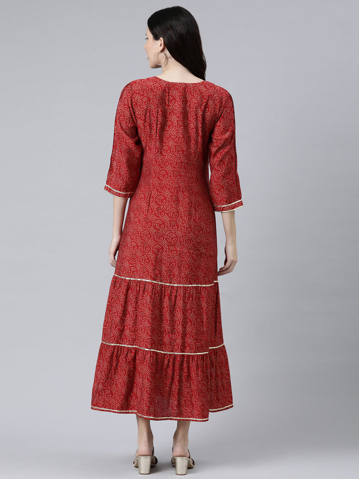 Neerus Maroon Cotton Ethnic Motifs Embroidered Ethnic A-Line Maxi Dress