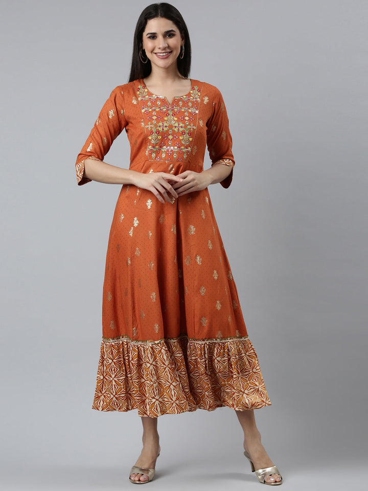 Neerus Orange embroidered straight dress - front view