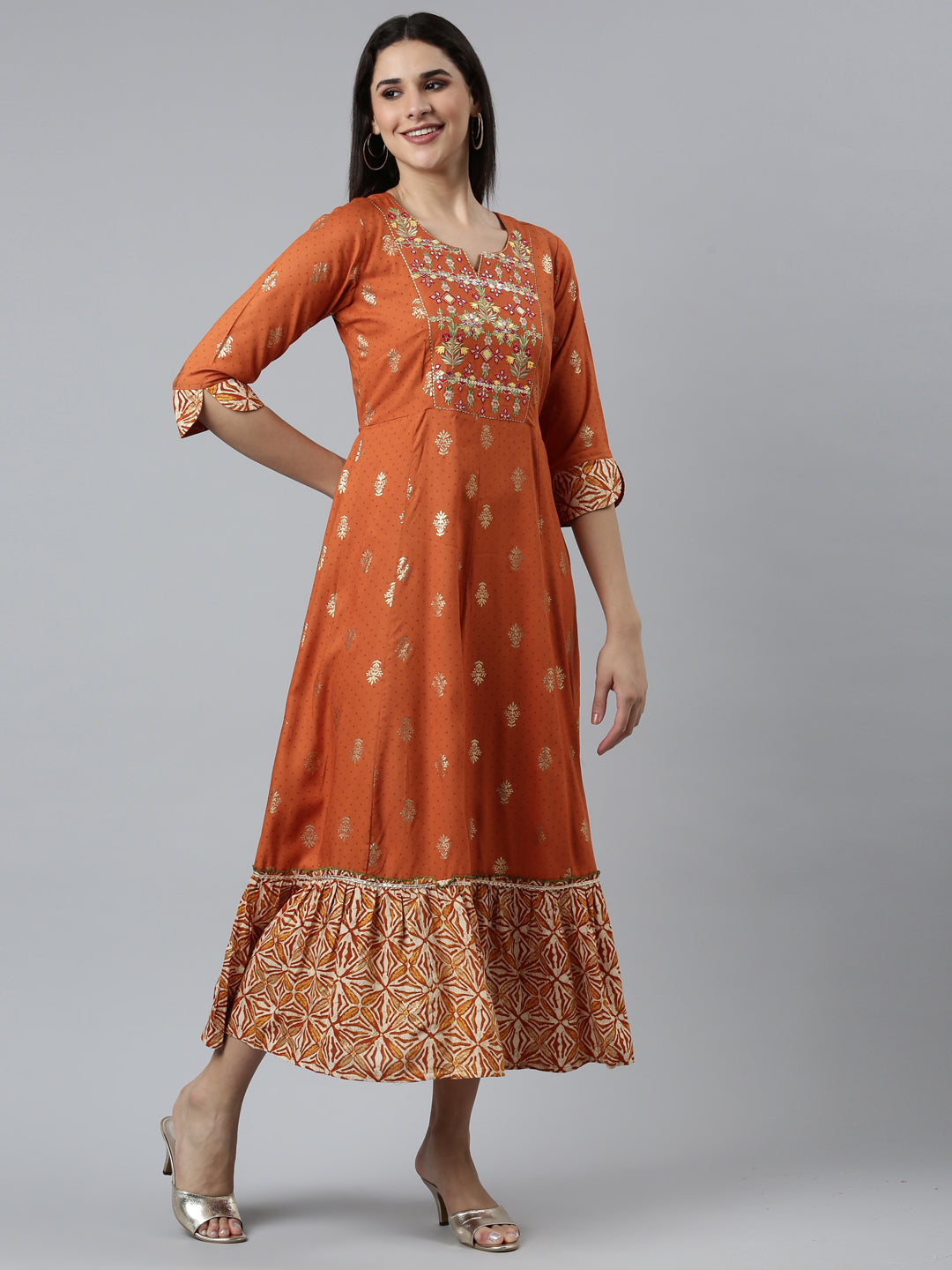 Neerus Orange embroidered straight dress - back view
