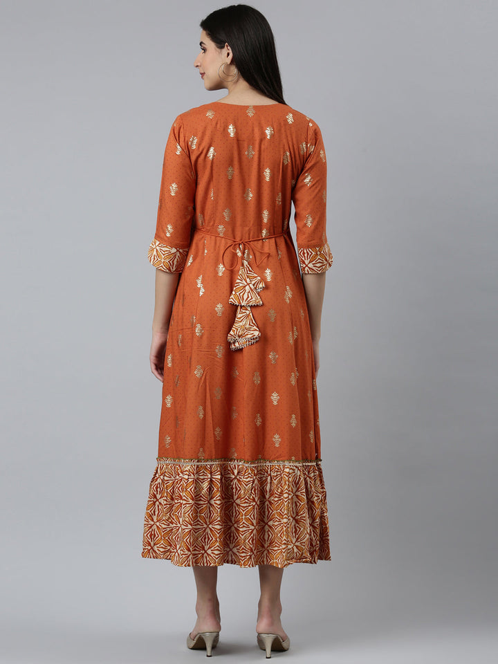 Neerus Orange embroidered straight dress - side view