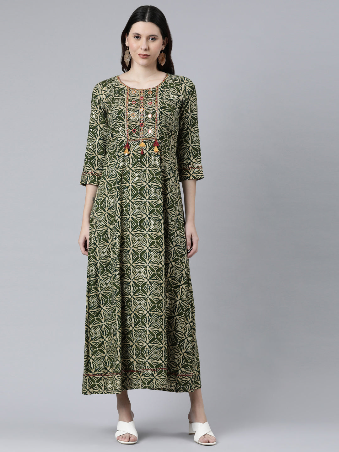 Neerus Green Rayon Dress - front view