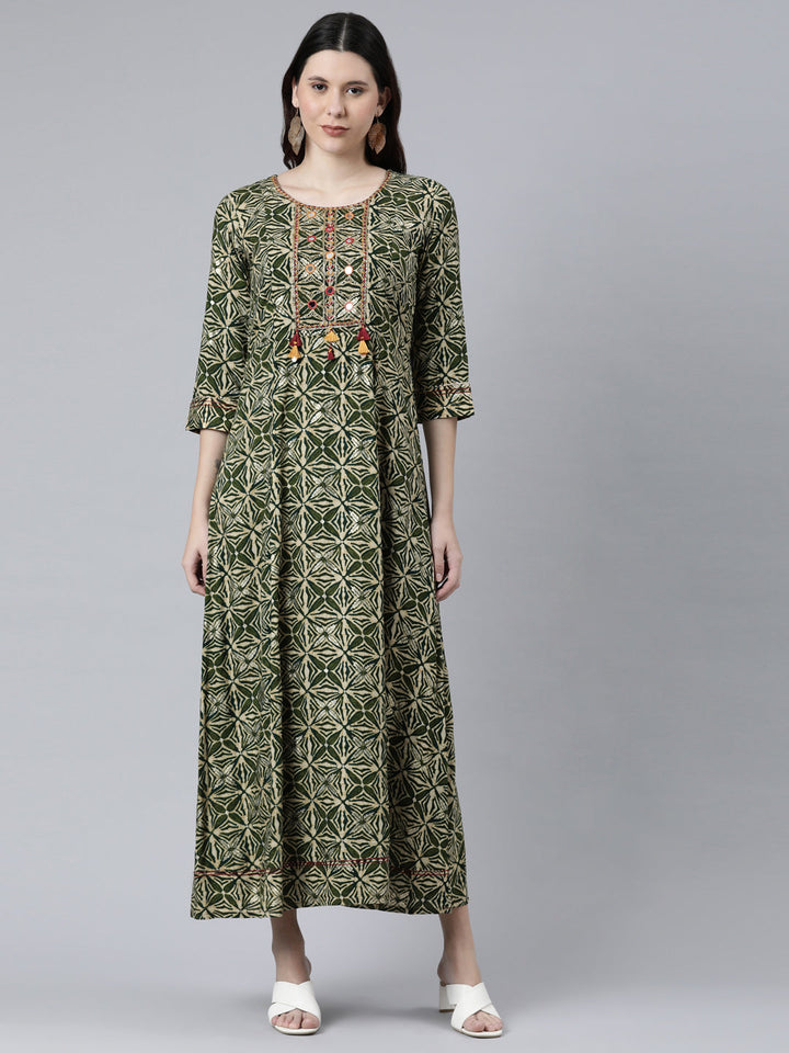 Neerus Green Rayon Dress - front view