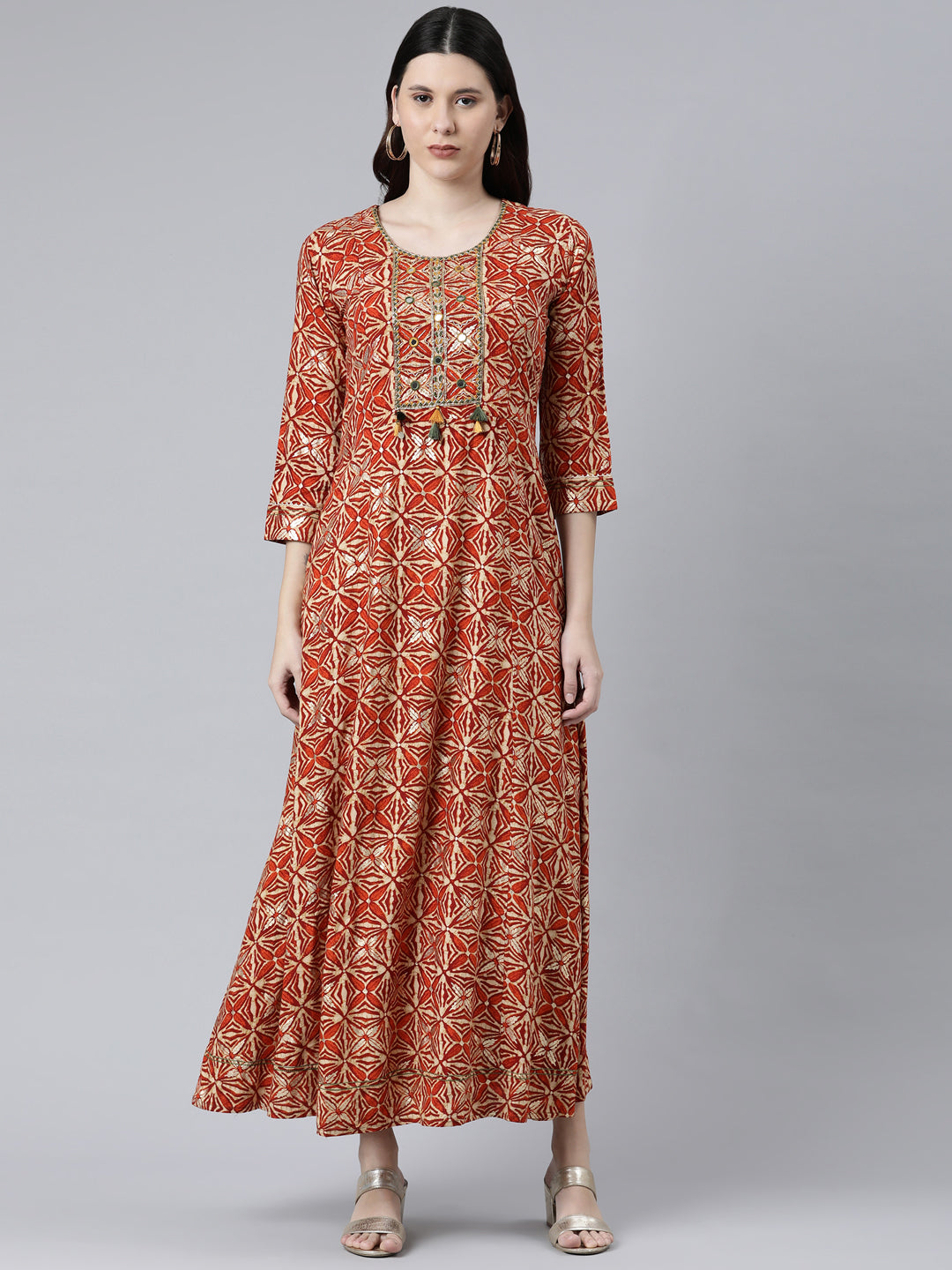 Neerus Orange Rayon Solid Dress - front view