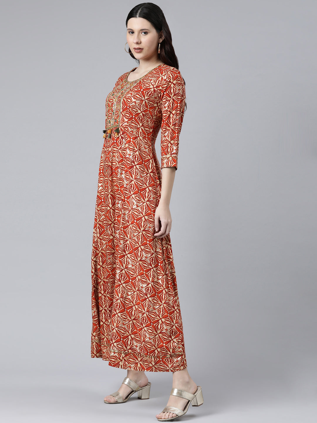 Neerus Orange Rayon Solid Dress - back view