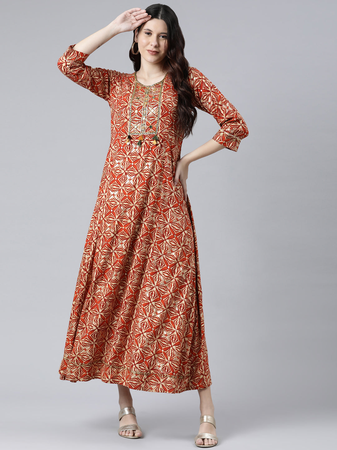 Neerus Orange Rayon Solid Dress - detail view 2
