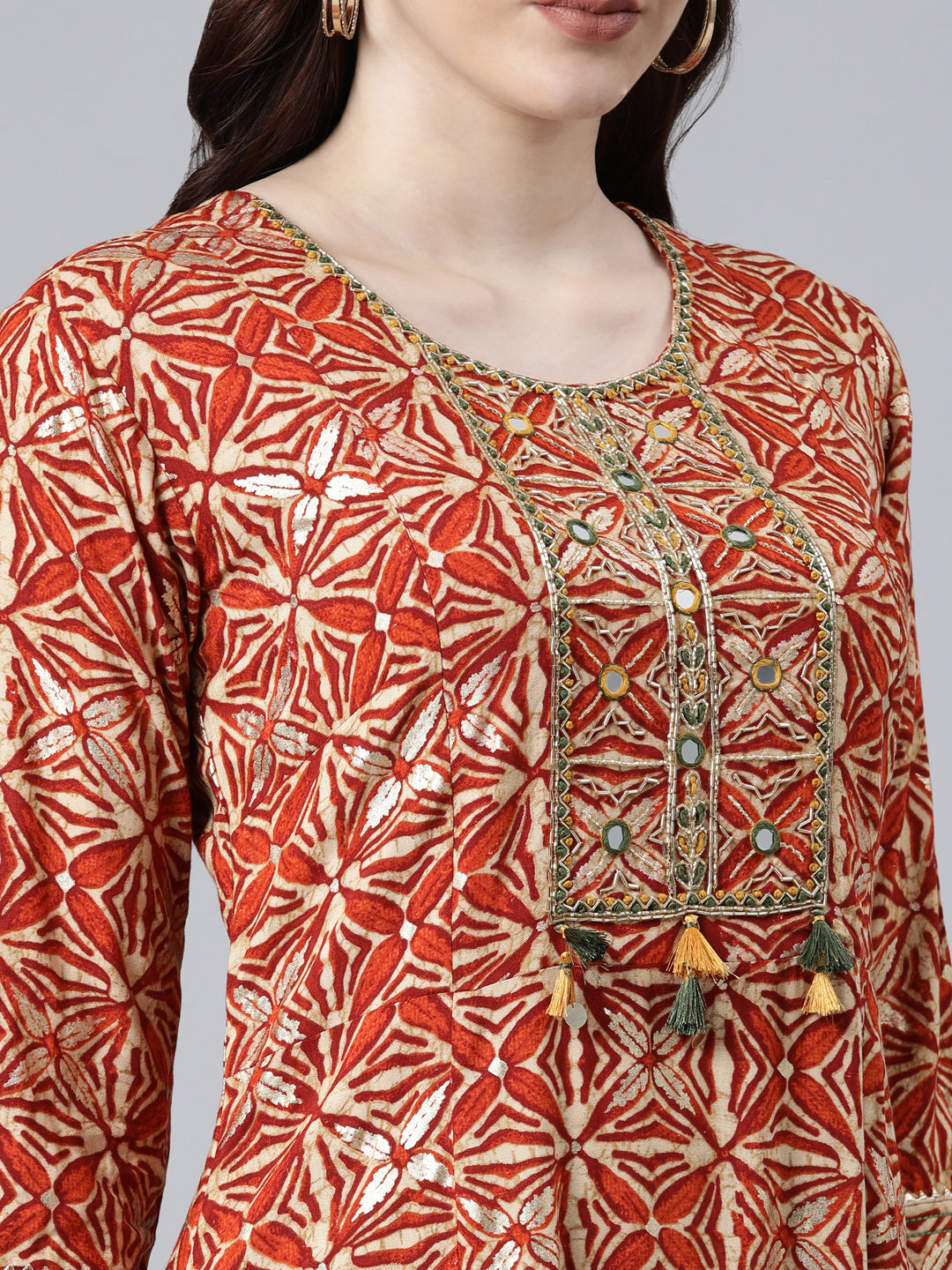 Neerus Orange Rayon Solid Dress - detail view 1