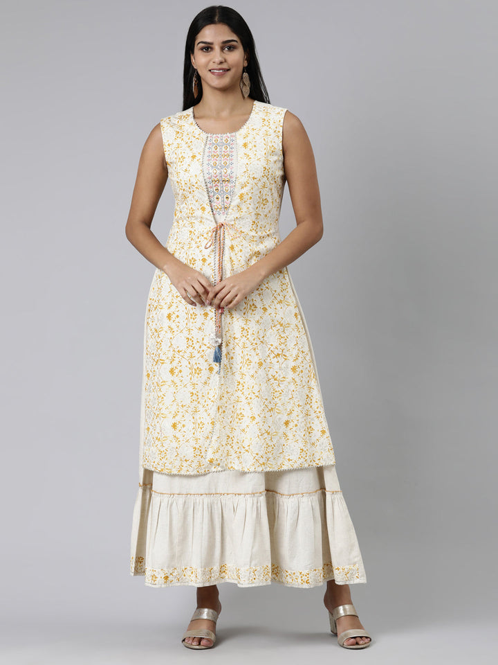 Neerus Beige viscose rayon printed A-Line kurti - front view