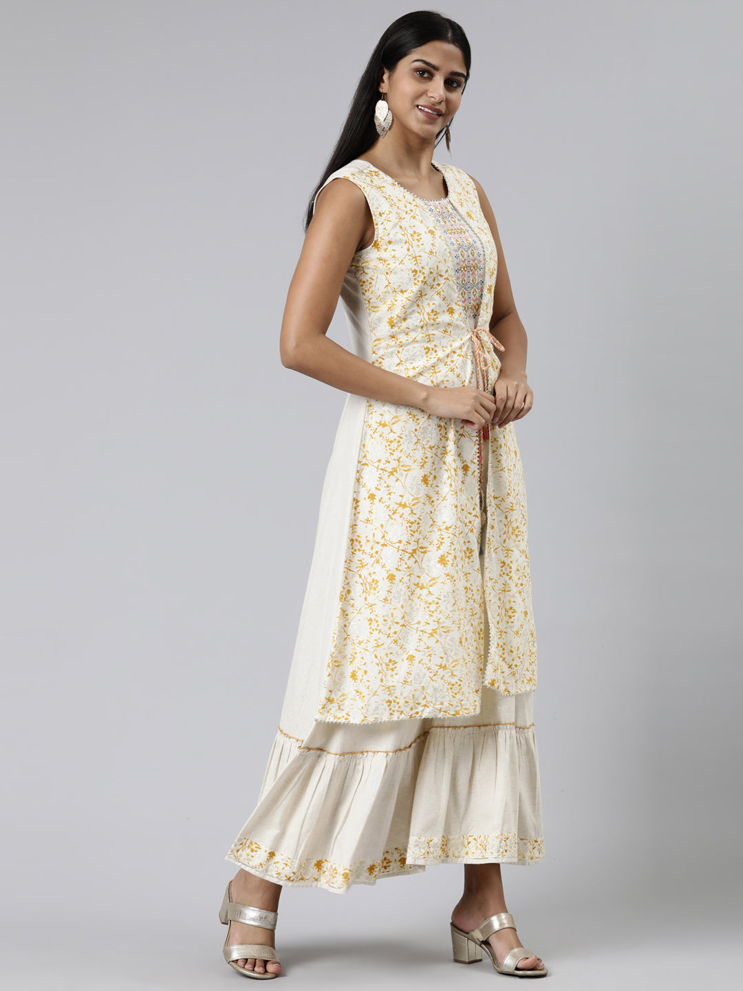 Neerus Beige viscose rayon printed A-Line kurti - back view