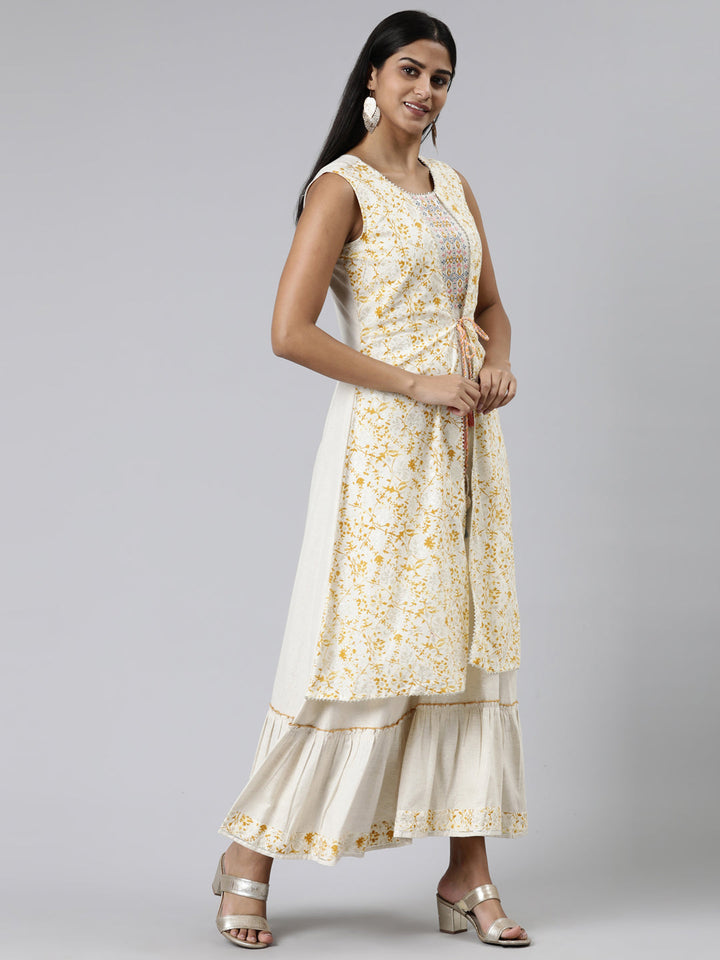 Neerus Beige viscose rayon printed A-Line kurti - back view