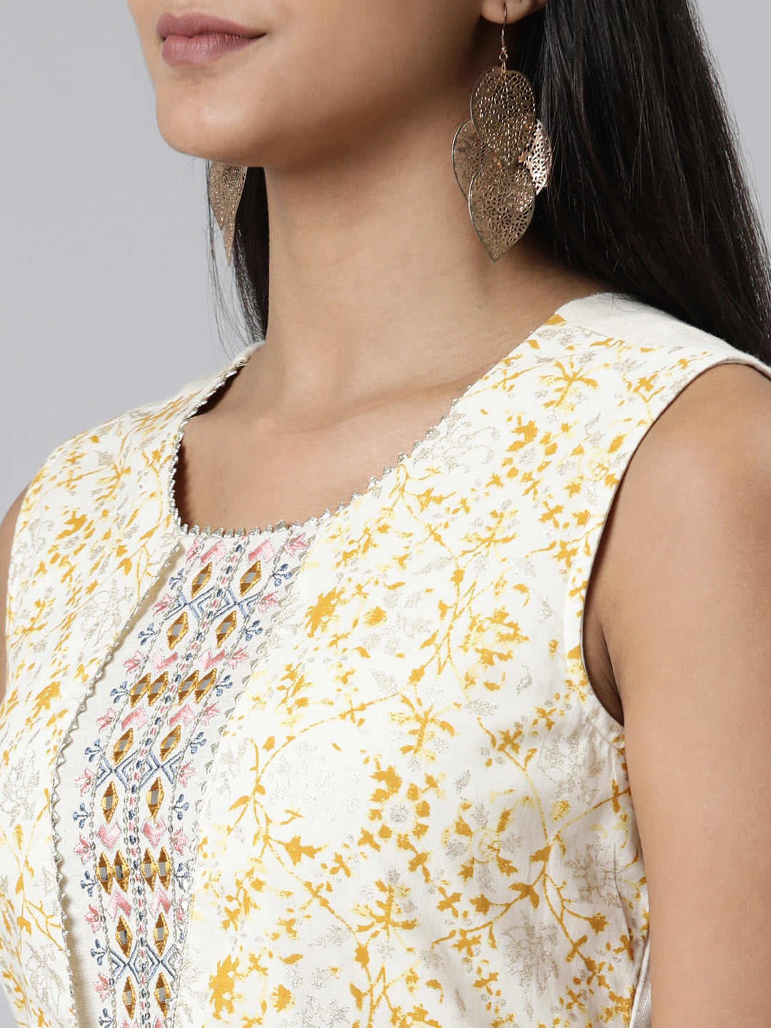 Neerus Beige viscose rayon printed A-Line kurti - detail view 1