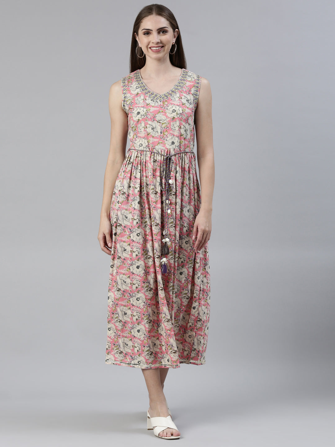 Neerus Pink viscose rayon printed A-line kurti - front view