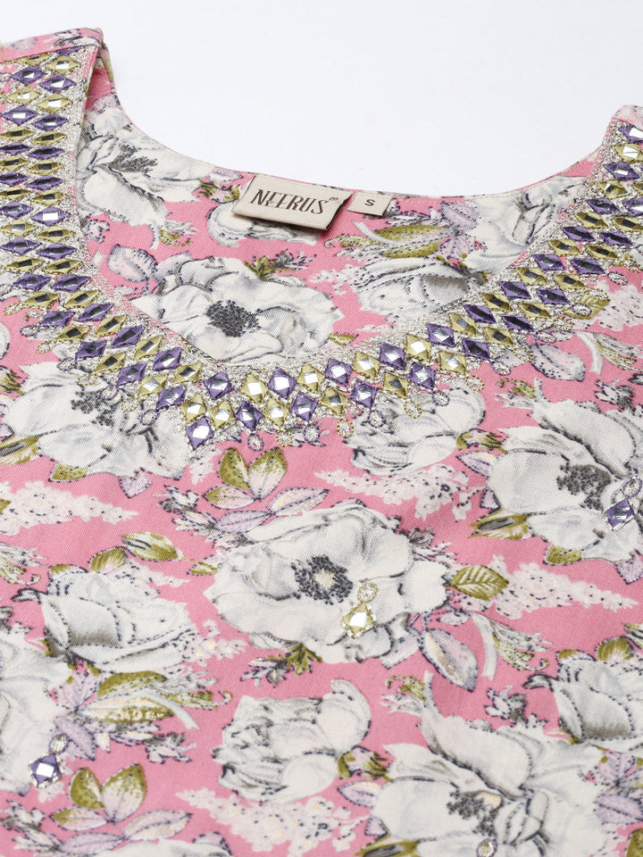 Neerus Pink viscose rayon printed A-line kurti - detail view 2