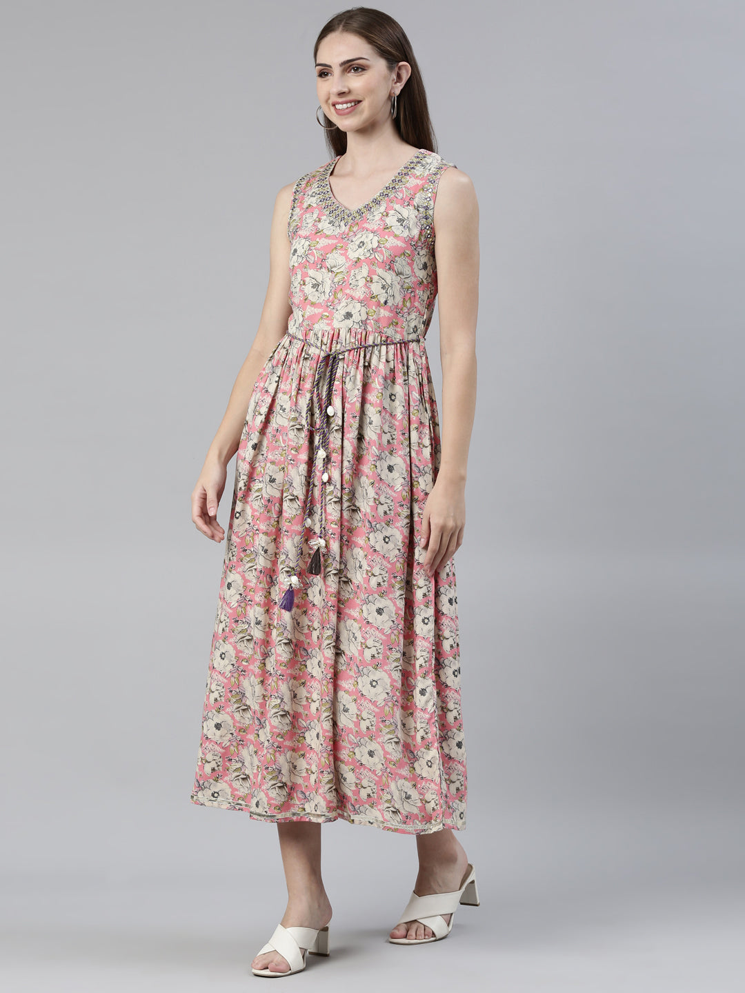 Neerus Pink viscose rayon printed A-line kurti - back view