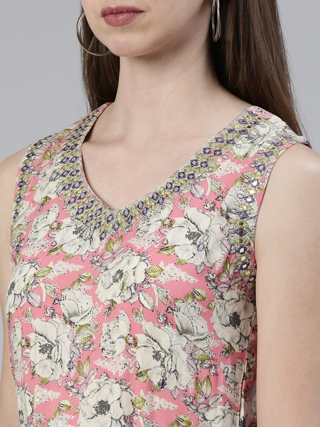 Neerus Pink viscose rayon printed A-line kurti - detail view 1