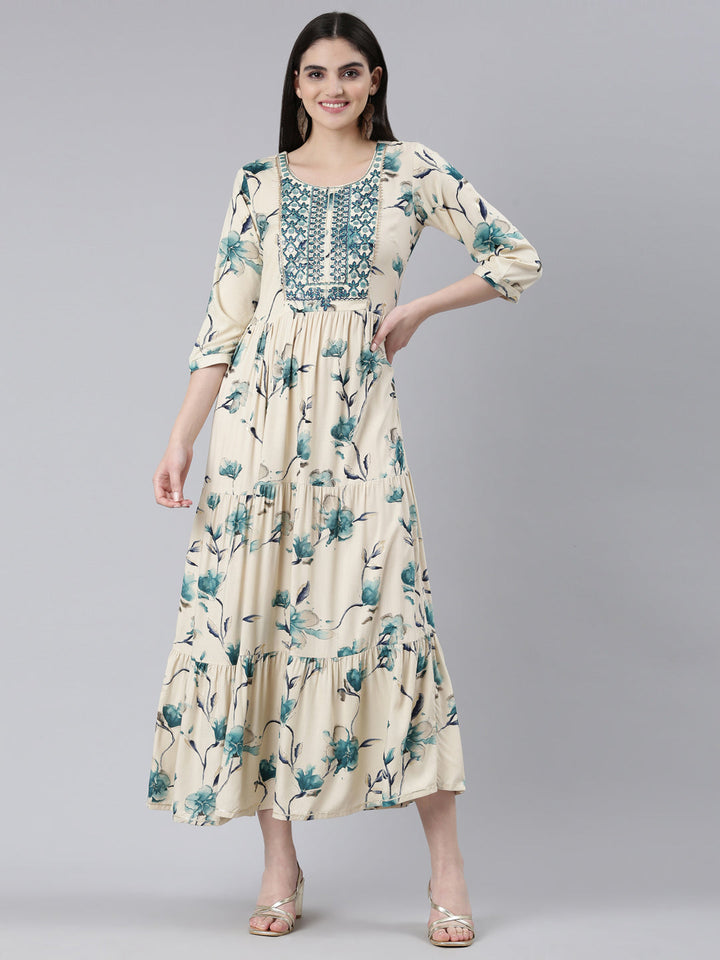 Neerus Blue Straight Casual Printed Dress