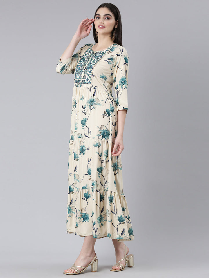 Neerus Blue Straight Casual Printed Dress