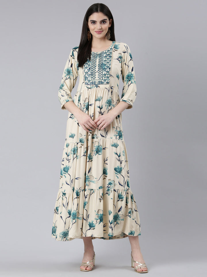 Neerus Blue Straight Casual Printed Dress