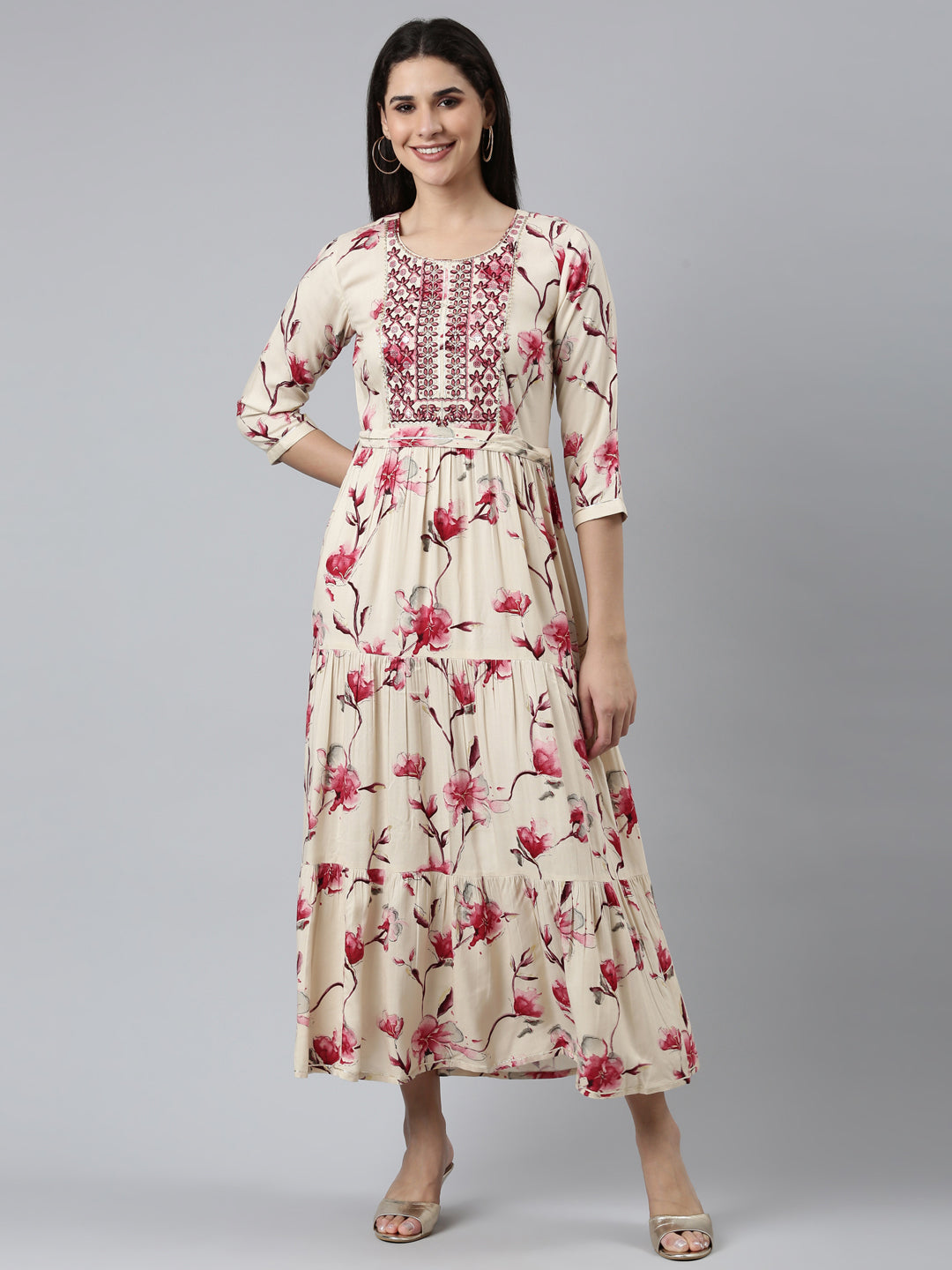 Neerus Pink rayon printed straight dress - front view