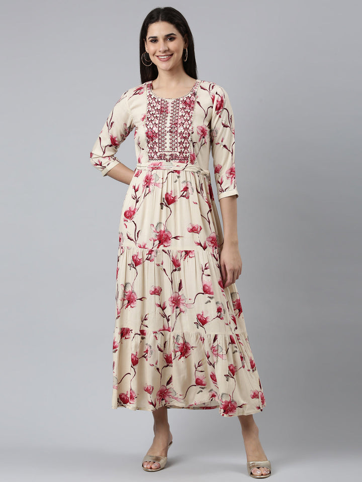 Neerus Pink rayon printed straight dress - front view