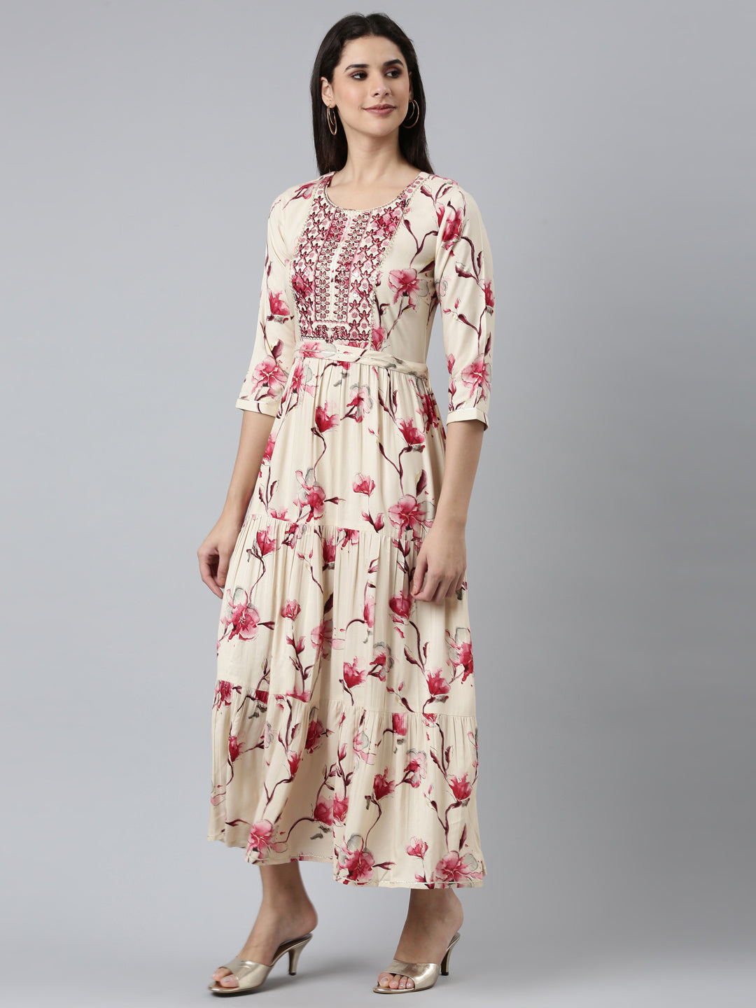 Neerus Pink rayon printed straight dress - back view