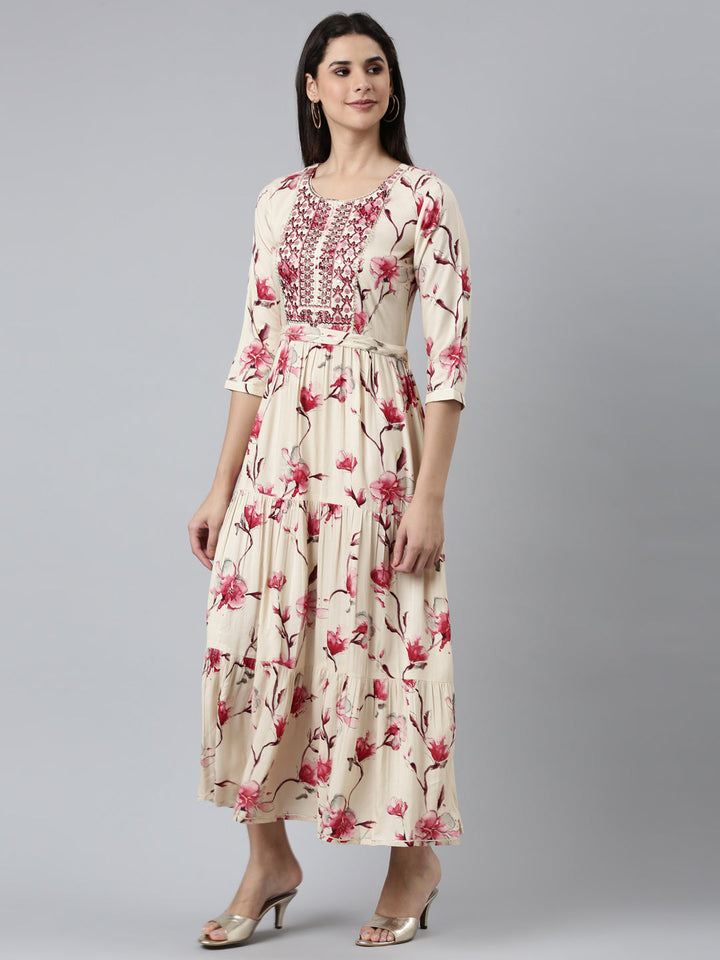 Neerus Pink rayon printed straight dress - back view