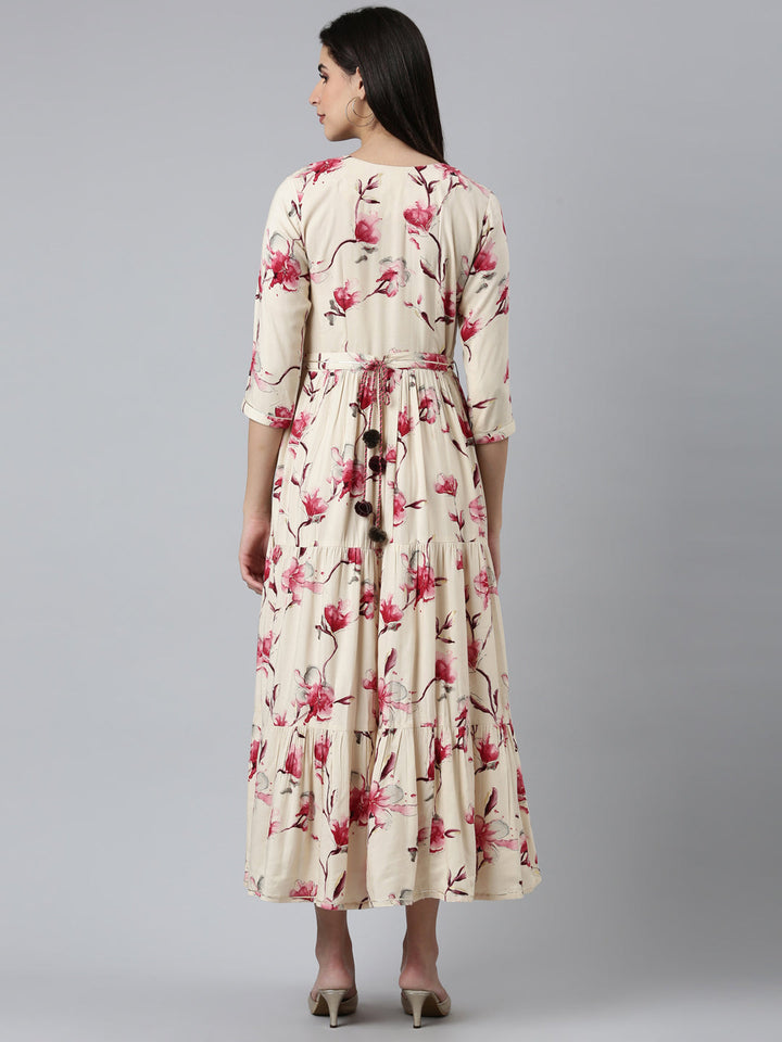 Neerus Pink rayon printed straight dress - side view