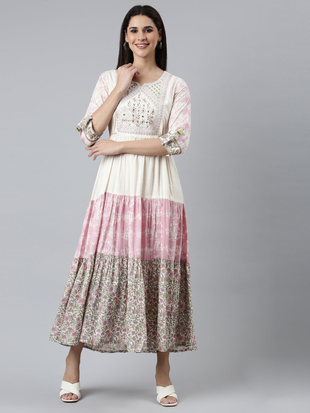 Neerus Beige rayon printed flared dress - front view