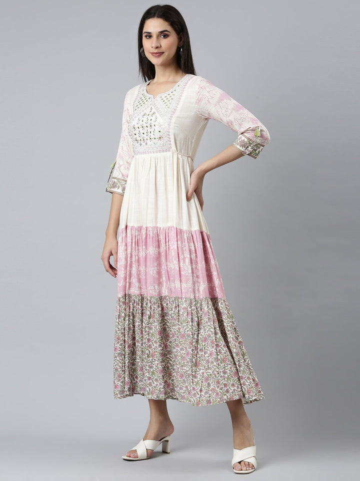 Neerus Beige rayon printed flared dress - back view