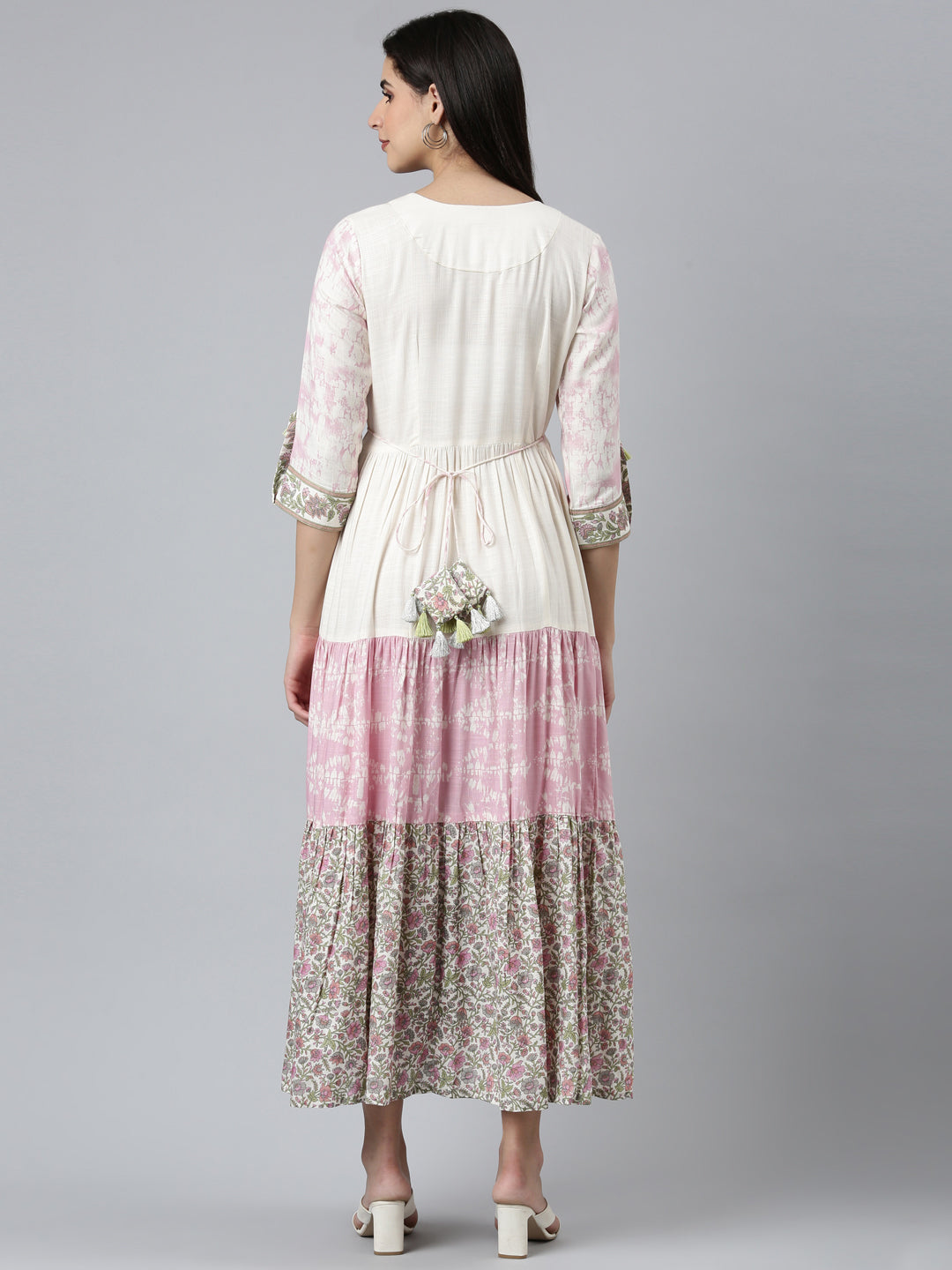 Neerus Beige rayon printed flared dress - side view