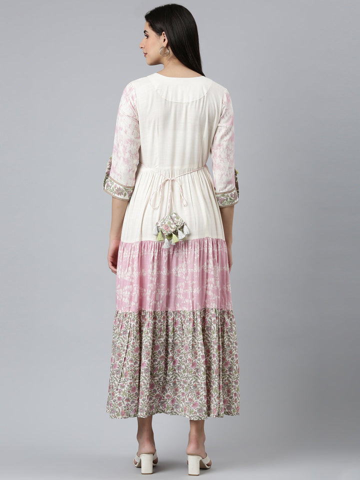 Neerus Beige rayon printed flared dress - side view