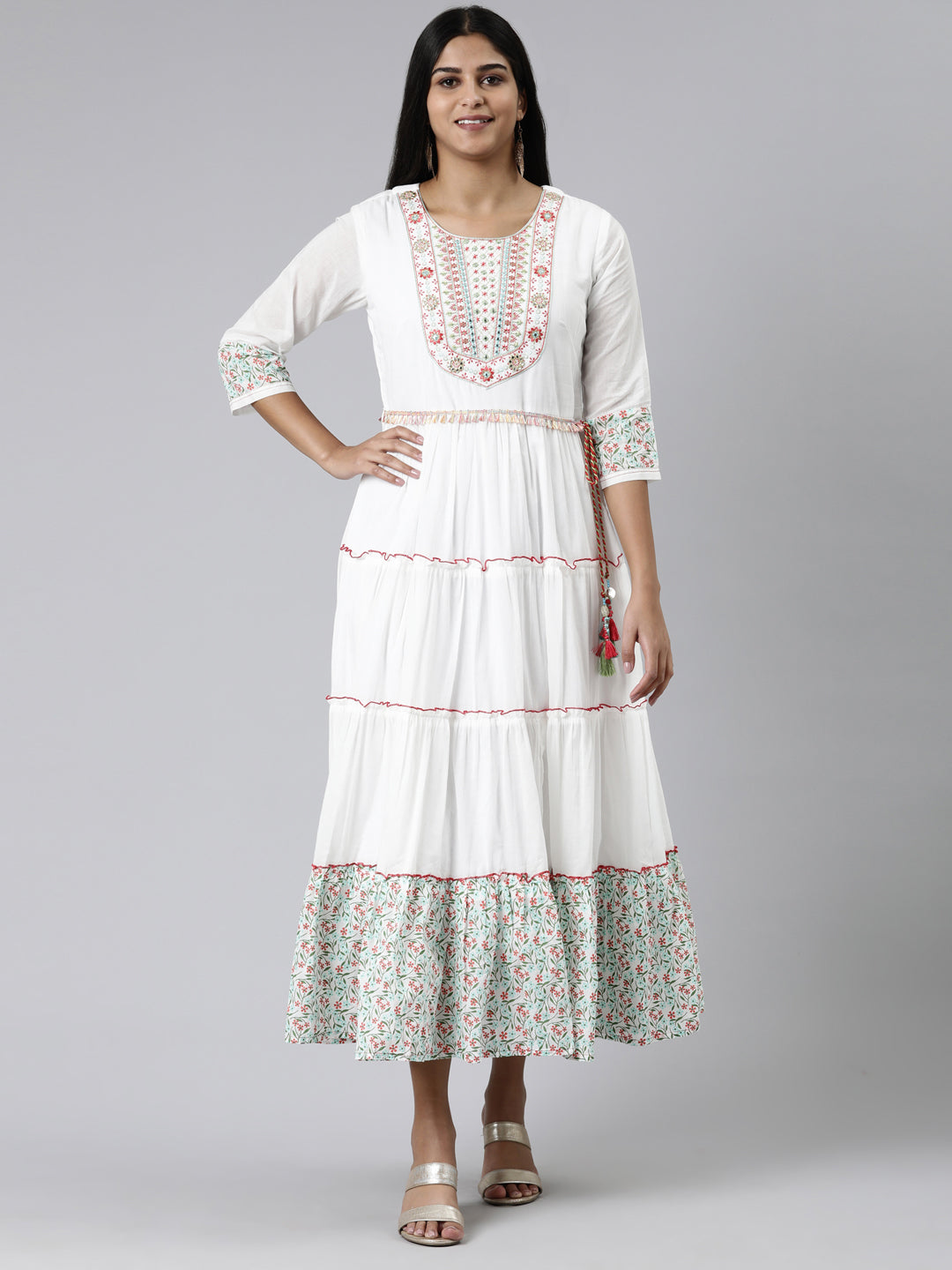 Neerus White viscose rayon printed A-Line kurti - front view