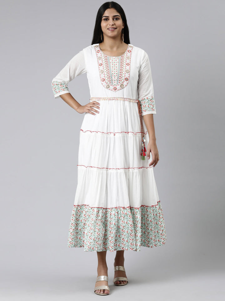 Neerus White viscose rayon printed A-Line kurti - front view